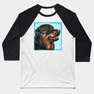 Painting of an Adorable Rottweiler with Its Tongue Out, Light Blue Spattered Background Baseball T-Shirt